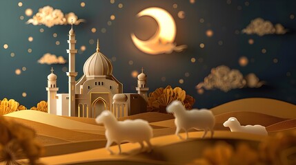 Wall Mural - Mosque, sheep, and Eid Al-Adha background with copy space.