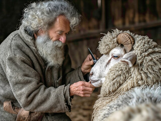 Canvas Print - A man is trimming the wool of a sheep. The sheep is white and has horns. The man is wearing a brown coat and has a beard. The scene is set in a barn