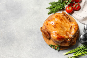 Canvas Print - Tasty roasted chicken with different products on light grey table, flat lay. Space for text