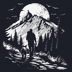 hiking man with dog exploring the mountains vector illustration