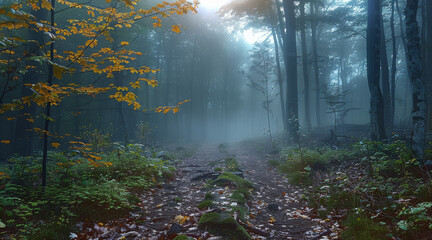 Poster - Early morning misty forest woods. Generative AI.