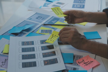 ux Graphic designer creative sketch planning application process development prototype wireframe for web mobile phone . User experience concept.