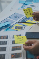 ux Graphic designer creative sketch planning application process development prototype wireframe for web mobile phone . User experience concept.