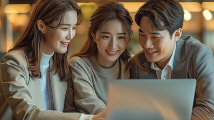 Wall Mural - Young Asian business man and woman are working together as team using laptop computer in an office meeting room. They are looking at the screen and smiling while discussing a project. Generative AI.