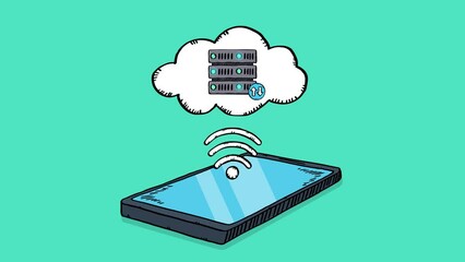 Poster - Animation showing a mobile phone connecting to a cloud server. A Wi-Fi connection icon appears between the running cloud server and the phone. Doodle style animation.