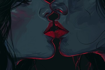 Poster - Face design woman female beauty art fashion person background abstract red concept style portrait. Black glamour lady human colorful model head modern white mouth lips symbol.