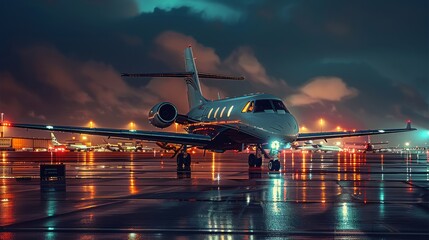 Poster - Modern luxury jet at the airport, night scene, lights. Generative AI.