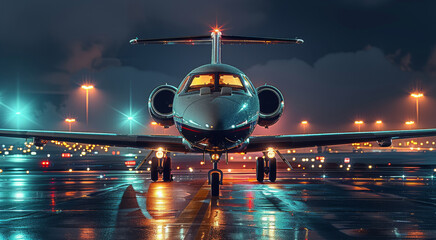 Poster - Modern luxury jet at the airport, night scene, lights. Generative AI.