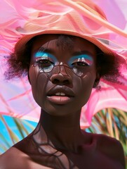 Wall Mural - A close-up portrait of a woman with creative makeup and a stylish hat casting a shadow with geometric patterns