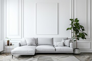 Poster - Interior room design featuring modern furniture and sofa. White floor, wall, frame, decor, and poster complete the home style. Blank picture concept with comfortable living
