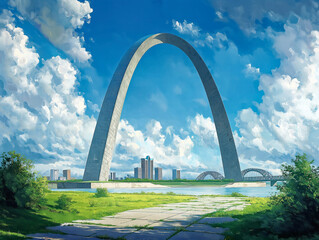 Wall Mural - A large archway with a bridge in the background. The sky is blue and there are clouds