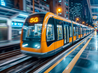 Wall Mural - A train with the number 5G on it is moving down the tracks. The train is orange and yellow and is surrounded by a city at night