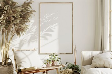 Poster - Design wall with white interior room style. Modern frame and decorative blank template for home. Picture canvas poster wooden image background. empty mock up portfolio art