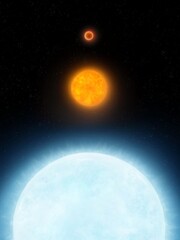 Wall Mural - comparison of stars with different masses. a blue giant star next to the sun and a red dwarf.