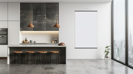 Poster - Room design interior with a blank wall. Poster is empty with white floor up mock banner architecture frame. Space is modern template estate mockup loft real office inside