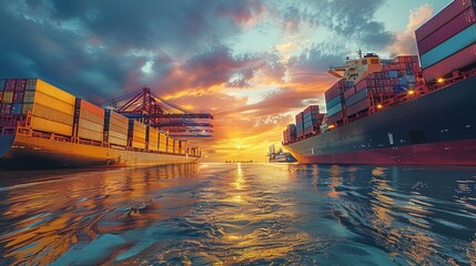 Wall Mural - Container cargo ship at industry sea port, import export commerce global business trade logistic and transportation oversea worldwide by container cargo, Freight shipping maritime. Generative AI.