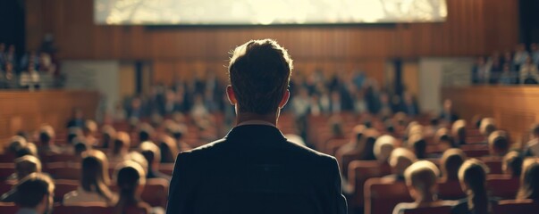 Wall Mural - A man confidently heads forward to present.