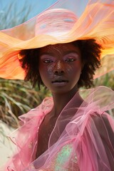 Wall Mural - A fashionable black woman features striking glitter makeup and a colorful hat as she poses in a natural setting