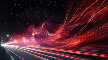 Poster - Flowing Light, Red Lines, Black Background, mystical, luxury and modern. Generative AI.