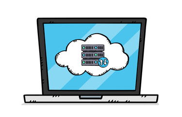 Poster - Hand-drawn illustration of a laptop with a cloud and a server on the screen. Cloud connection.