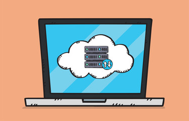 Poster - Hand-drawn vector graphics of a laptop with a cloud and a server on the screen. Cloud connection.