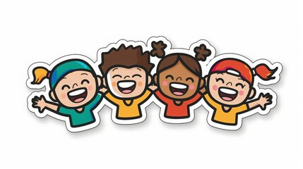 Wall Mural - flat sticker design, happy kids, smiling faces, the sticker has thick bold white outline, white background, 16:9