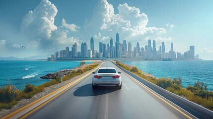 Poster - Modern city, A car driving into the distance, the sea on both sides of the road, a modern city in front, blue sky and white clouds. Generative AI.