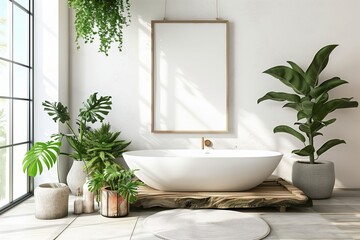 Poster - Modern bathroom design, interior with bathtub. House room in home apartment, white clean luxury. Indoor tub to bathe, contemporary space style. Floor decor architecture, empty