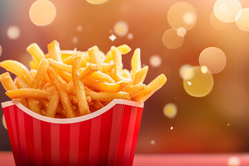 Wall Mural - Closeup of golden french fries in a red takeout container against a blurred warm background with bokeh effect