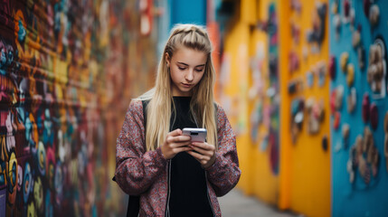 teen girl using phone on graffiti wall