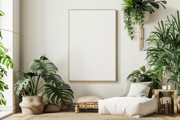 Wall Mural - Interior wall with stylish frame and white design. Decor includes poster, picture template, and room style. Art on canvas, wooden empty background in home space. Blank floor