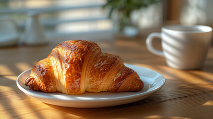 French croissant on plate on wooden table and nature sunlight with shadow through from window. 