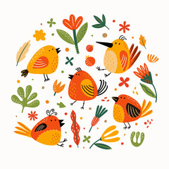 Wall Mural - Cute decorative birds among flowers and leaves. Funny birds. Cheerful inhabitants of the forest. Children's vector illustration on a light background.