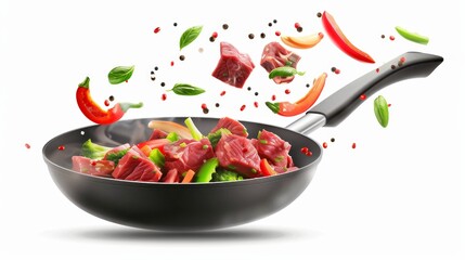 Sticker - Stir-fry veggies and meat in a black frying pan. Colorful and appetizing meal with peppers, spices, and herbs flying around.