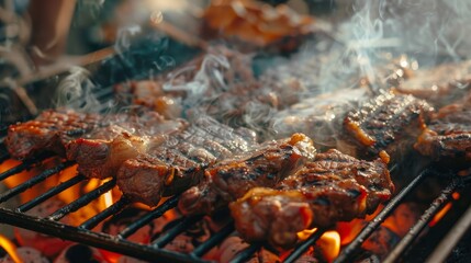 Wall Mural - Smoky hamburger meat grilling for burgers. Fry on an open fire on the grill - bbq.Burgers and sausages Cooking Over Flames On The Grill.