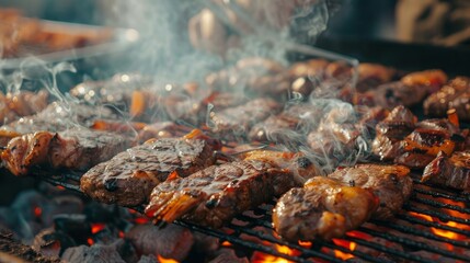 Wall Mural - Smoky hamburger meat grilling for burgers. Fry on an open fire on the grill - bbq.Burgers and sausages Cooking Over Flames On The Grill.