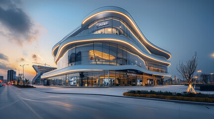 Aufkleber - Modern and sleek mall facade design with a mix of glass and solid masses with curves, elongated spread, contemporary style. Generative AI.