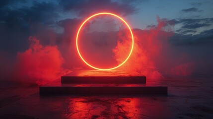 Poster - Glowing Red Neon Circle Above Concrete Steps in Foggy Sky