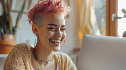 Poster - Happy young woman with part shaved pink hair laughing at her laptop in her home office, beige minimalist background. Generative AI.
