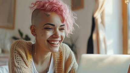 Poster - Happy young woman with part shaved pink hair laughing at her laptop in her home office, beige minimalist background. Generative AI.