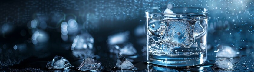 A chilled glass of water with ice cubes, surrounded by melting ice and a blue background, capturing the essence of refreshment and coolness.