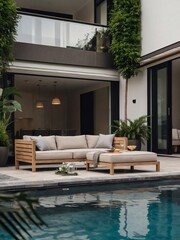 Wall Mural - Stylish terrace with modern outdoor furniture and a swimming pool, situated in the lush garden of a contemporary house.