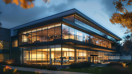 Poster - Exterior elevation of commercial building in the evening. Generative AI.