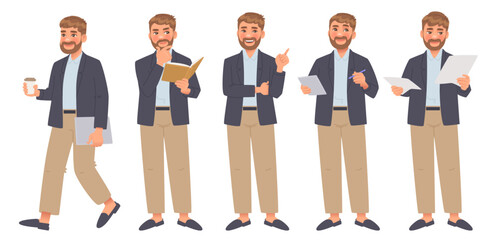 Wall Mural - Business man character set. Man looks at the report, takes notes, reads, points. Full length guy in a business suit. Vector illustration