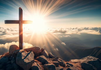 Wall Mural - Wooden cross on the top of the mountain with clouds on the background