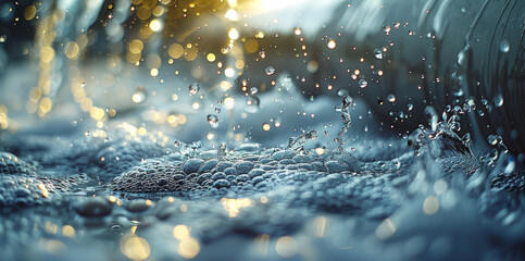 Poster - Water leaking from a worn-out PVC pipe, with droplets glistening in the light and splashing onto the surrounding area. Generative AI.