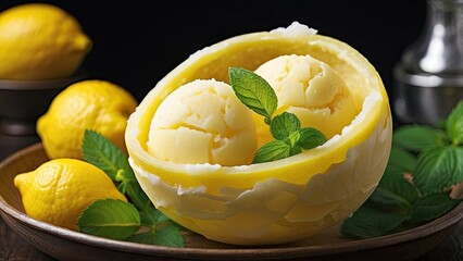 Wall Mural - A scoop of tangy lemon sorbet served in a hollowed-out lemon shell, garnished with a lemon slice and fresh mint leaves.