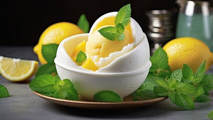Wall Mural - A scoop of tangy lemon sorbet served in a hollowed-out lemon shell, garnished with a lemon slice and fresh mint leaves.