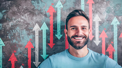 Poster - growth arrows, Financial freedom growth Portrait of a handsome young man with a beard, standing in front of a wall