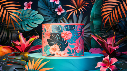 Wall Mural - 3d render, abstract geometric background, podium for product display, with tropical leaves, monstera and hibiscus flowers